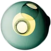 Bocci 28 pendant light, teal glass with silver-gray core, features a warm yellow band and bright white central aperture, studio shot.